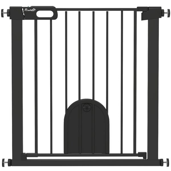 PawHut 75-82 cm Pet Safety Gate Barrier, Stair Pressure Fit, w/ Small Door, Auto Close, Double Locking, for Doorways, Hallways, Black Aosom UK