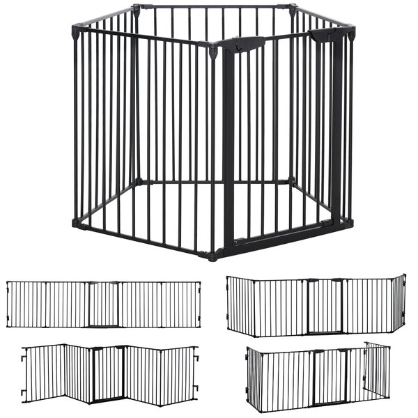 PawHut Stair Gate Dog Pens Pet PlayPen 5-Panel Freestanding Fireplace Christmas Tree Metal Fence Stair Barrier Room Divider w/ Door Aosom UK