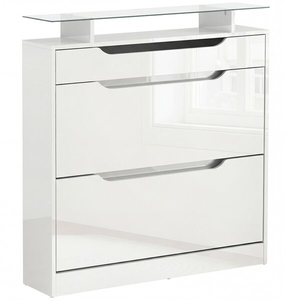 HOMCOM Shoe Cabinet High Gloss, 3 Drawer Storage, Tipping Bucket Design, Glass Top, 14 Pairs Capacity, White