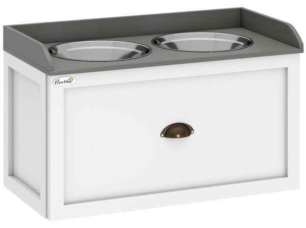 PawHut Stainless Steel Raised Dog Bowls with 21L Storage Drawer for Large Dogs and Cats - White Aosom UK