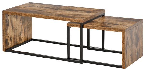 HOMCOM Set of 2 Coffee Tables Industrial Style Tea Table, Side Table w/ Metal Frame for Living Room Bedroom Black & Brown Aosom UK