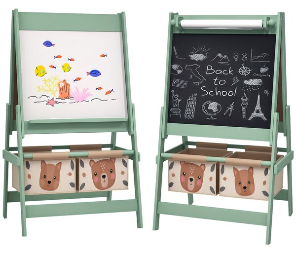 AIYAPLAY 3-in-1 Kids Easel with Paper Roll, Magnetic Whiteboard & Chalkboard, Storage Tray, Non-Toxic Design, Green Aosom UK