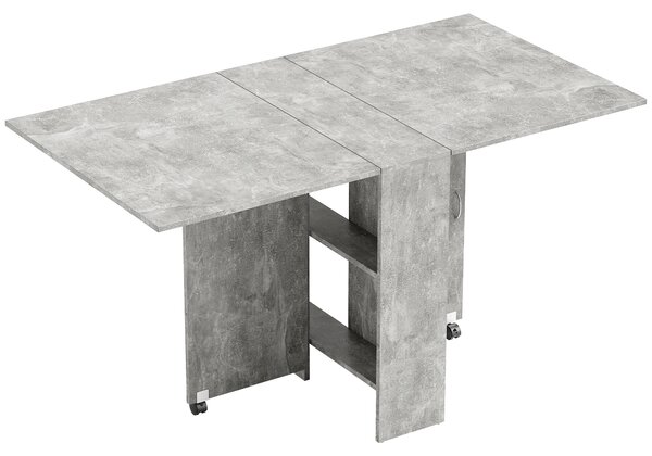 HOMCOM Folding Kitchen Table, Drop Leaf Dining Table for Small Spaces w/ 2-tier Shelves, Kitchen Table w/ Rolling Casters, Cement Grey Aosom UK