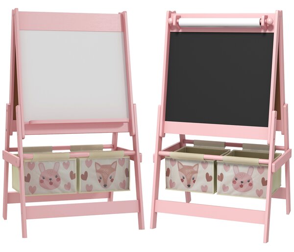 AIYAPLAY 3-in-1 Kids Easel with Paper Roll, Magnetic Whiteboard & Chalkboard, with Storage, Safe for Kids, Pink Aosom UK
