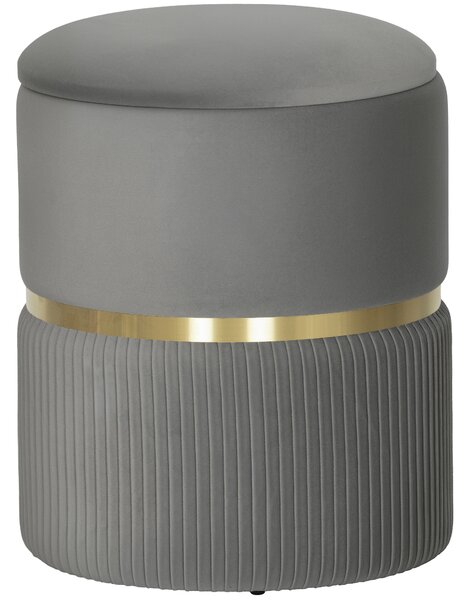HOMCOM Velvet-feel Round Ottoman Stool, Storage Pouffe, Padded Seat, Hidden Compartment, Grey