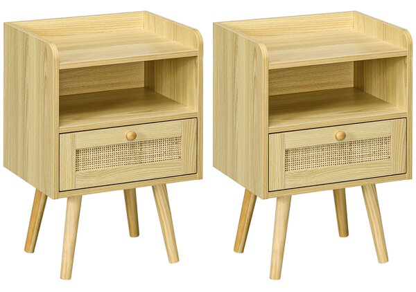 HOMCOM Bedside Table Set of 2, Boho Nightstand with Drawer, Storage Compartment, Natural Wood Finish Aosom UK