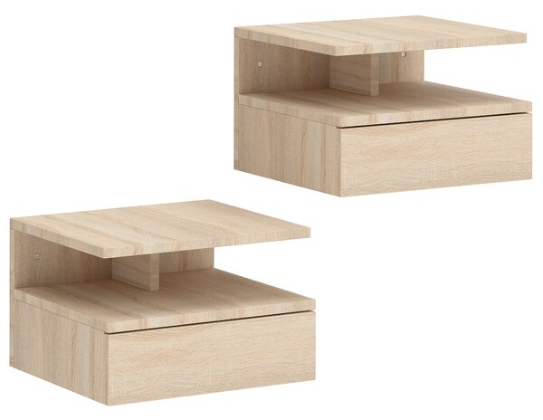 HOMCOM Set of Two Floating Bedside Tables - Oak