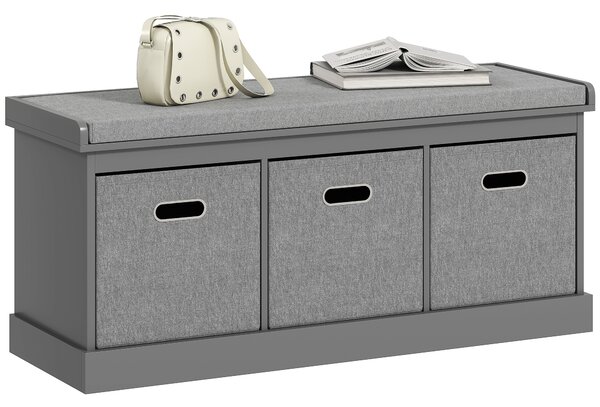 HOMCOM Shoe Bench with Seat, Shoe Storage Bench with Cushion and 3 Fabric Drawers for Entryway, Hallway, Living Room, Bedroom, Grey Aosom UK