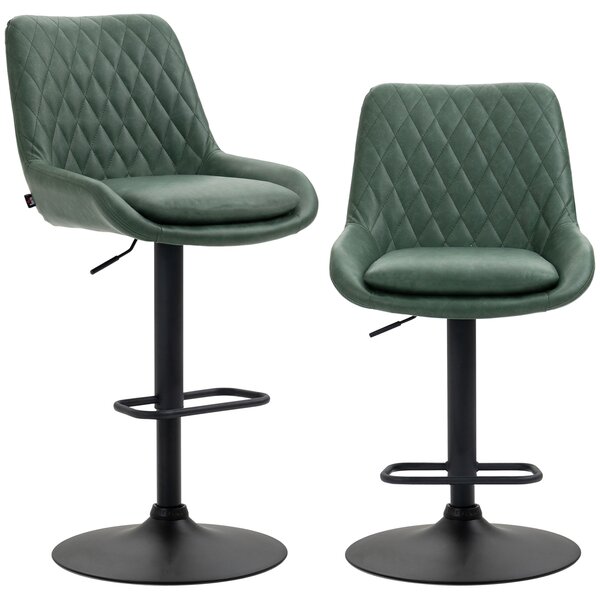 HOMCOM Retro Bar Stools Set of 2, Adjustable Kitchen Stool, Upholstered Bar Chairs with Back, Swivel Seat, Green Aosom UK