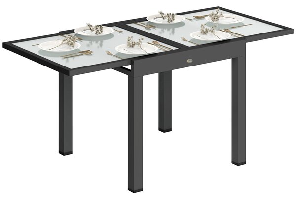 Outsunny Extending Garden Table, Outdoor Dining Table with Aluminium Frame and Tempered Glass Tabletop, 80/160 x 80 x 75 cm, Black and Clear