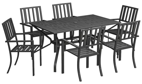 Outsunny 7-Piece Garden Dining Set: 6 Seater Table & Chairs with Parasol Hole for Patio or Poolside, Black