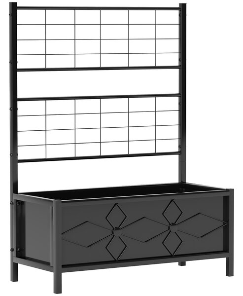 Outsunny Raised Bed for Garden with Trellis, Galvanised Planter Box with Diamond Pattern, Drainage Holes for Vegetables, 90 x 40 x 120 cm, Black