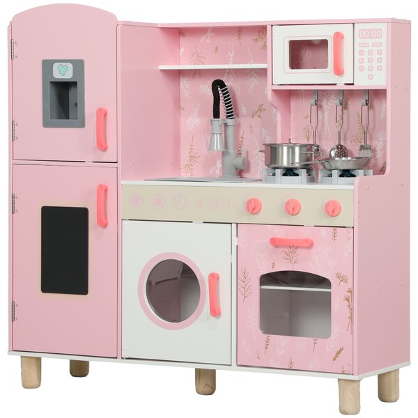 AIYAPLAY Play Kitchen, Kids Kitchen Set with Lights and Sounds, Double Stoves, Ice Maker, Chalkboard for 3+ Years - Pink