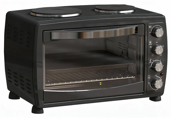 HOMCOM 36L Small Oven with 2 Hot Plates, Countertop Toaster Oven, Grill, Roast, Bake, Boil, with Timer, Adjustable Temperature, 2600W, Black