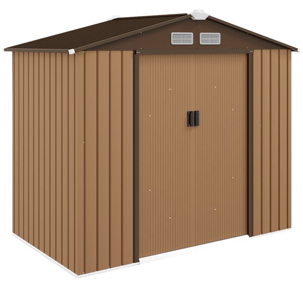 Outsunny 7 x 4 ft Lockable Garden Storage Shed, Large Patio Roofed Tool Metal Storage Building Foundation Shed for Equipment & Tools, Light Brown Aosom UK