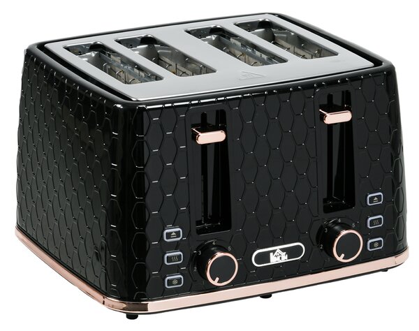 HOMCOM 4 Slice Toaster with 7 Browning Levels, High Lift, Reheat/Defrost/Cancel, Self-centring Function, Auto Off, 1600W, Black