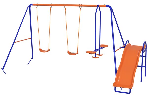 Outsunny 4 in 1 Metal Garden Swing Set with Double Swings Glider Slide Ladder Orange
