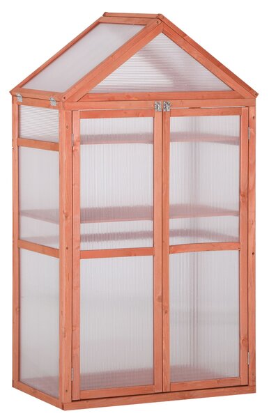 Outsunny 3-Tier Wooden Cold Frame Greenhouse Garden Polycarbonate Grow House w/ Adjustable Shelves, Double Doors, 80 x 47 x 138 cm, Orange