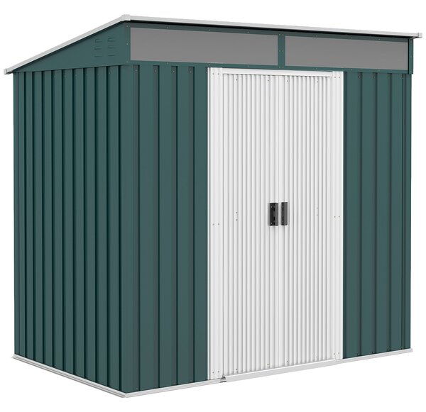 Outsunny 6.5 x 4FT Galvanised Metal Shed with Foundation, Lockable Tool Garden Shed with Double Sliding Doors and 2 Vents, Green Aosom UK