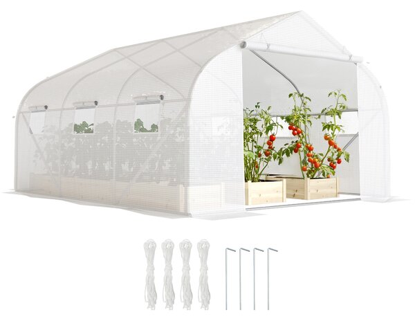 Outsunny 3.5 x 3 x 2m Walk-In Greenhouse Polytunnel Greenhouse Garden Hot House with Steel Frame, Roll Up Door and Windows, White Aosom UK