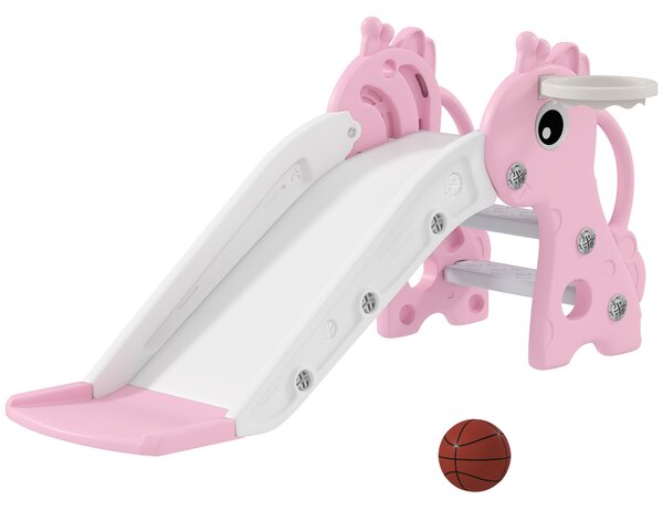 AIYAPLAY 3 in 1 Kids Slide with Climber, Basketball Hoop and Ball, Giraffe Shape Climber Slide for Indoor Kids Age 1-3, Pink
