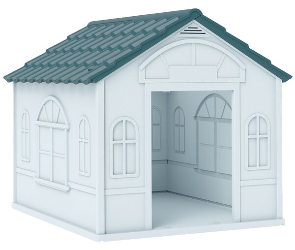 PawHut Durable Dog Kennel Weather-Resistant Plastic Pet House for Indoor & Outdoor Use, Medium Size, White and Blue Aosom UK