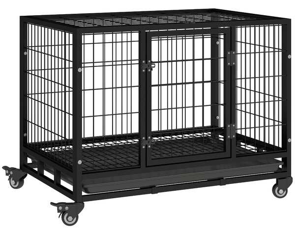 PawHut 38" Heavy Duty Metal Dog Kennel Pet Cage with Crate Tray and Wheels - Black (Medium)
