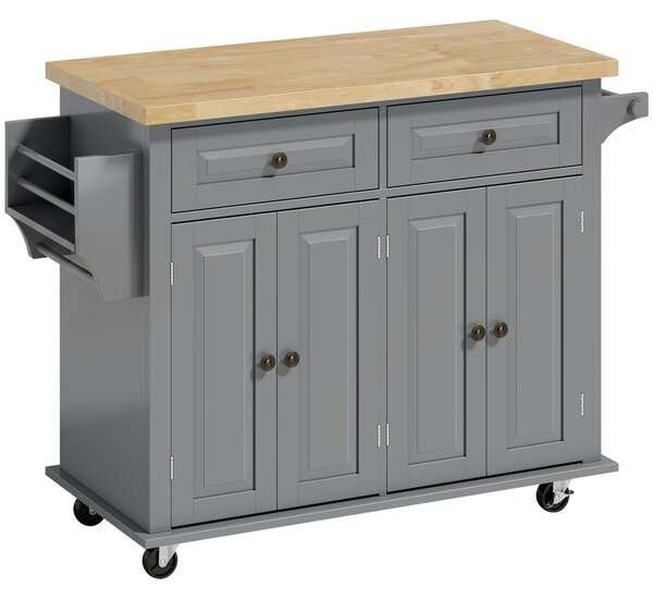 HOMCOM Rolling Kitchen Island Storage Trolley with Rubber Wood Top & Drawers for Dining Room, Grey Aosom UK