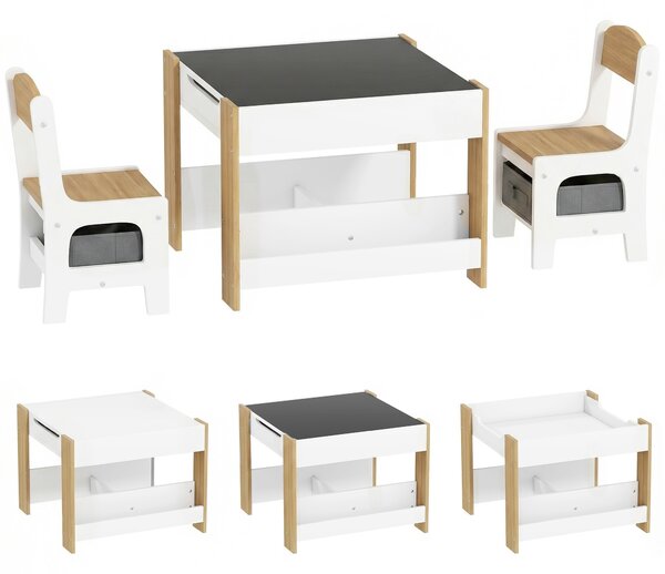 HOMCOM Three-Piece Kids Table and Chair Set with Blackboard, Storage, Bookshelves - Natural Wood