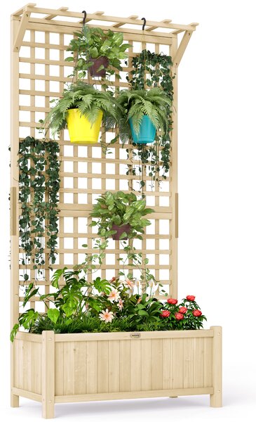 Outsunny Raised Bed with Drainage Holes, Wood Planter with Trellis for Climbing Plants to Grow Vegetables, Flowers, Natural