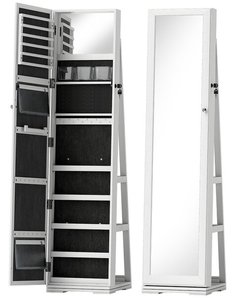 HOMCOM Lockable Jewellery Cabinet with 360° Swivel Base, Full-Length Mirror & Built-In Smaller Mirror, White