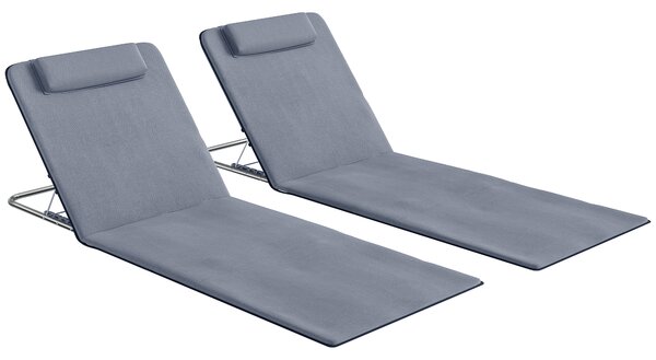 Outsunny Set of 2 Foldable Garden Beach Chair Mat Lightweight Outdoor Sun Lounger Seats Adjustable Back Metal Frame PE Fabric Head Pillow, Grey