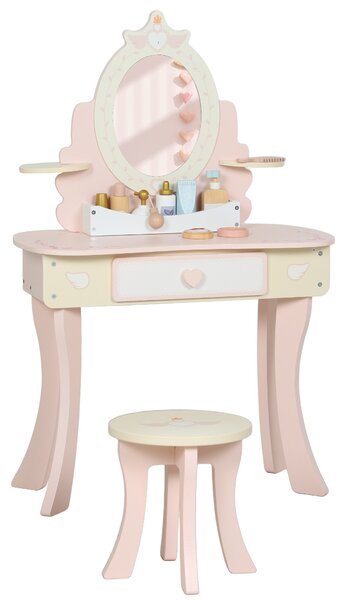 AIYAPLAY Kids Dressing Table, Girls Vanity Set with Mirror and Stool, 7 Play Accessories, Drawer, Desktop Storage, Pink