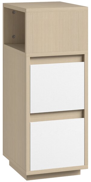 HOMCOM Slim Bedside Table, Narrow Bedside Cabinet with Open Shelf and 2 Drawers for Bedroom, Living Room, Natural Wood Finish