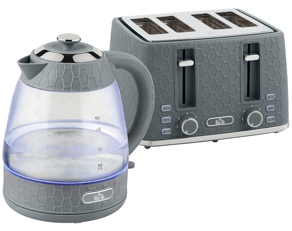 HOMCOM Kettle and Toaster Set, 1.7L 3000W Rapid Kettle with Strix Thermostat, 4 Slice Toaster with 7 Browning Controls, Grey