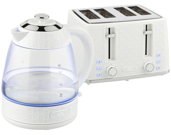 HOMCOM Kettle and Toaster Set, 1.7L 3000W Rapid Kettle with Strix Thermostat, 4 Slice Toaster with 7 Browning Controls, Cream