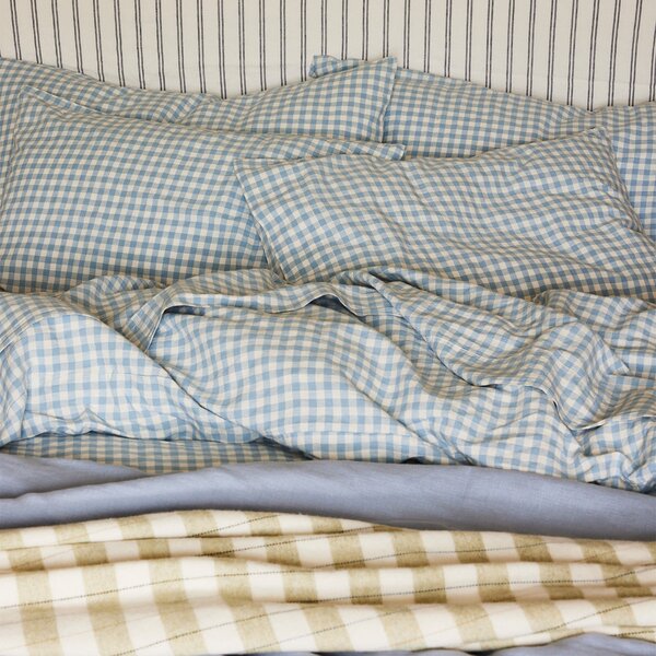 Piglet Warm Blue Gingham Linen Blend Pillowcase (Pair) Size Super King