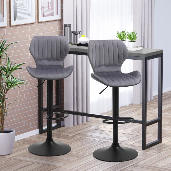 HOMCOM Bar Stool Set of 2 Velvet-Touch Fabric Adjustable Height Swivel Counter Chairs with Footrest, Grey