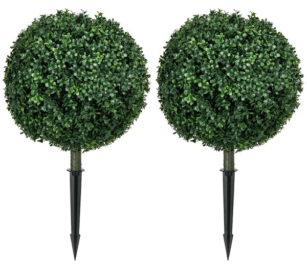 HOMCOM Artificial Boxwood Trees w/ Ground Stake, Set of 2 Ball Shaped Topiary Trees for Home Office & Living Room, UV Resistant