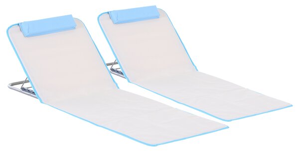 Outsunny Set of 2 Foldable Garden Beach Chair Mat, Lightweight Outdoor Sun Lounger Seats with Adjustable Back, Metal Frame, PE Fabric Head Pillow and Carry Bag, Cream White