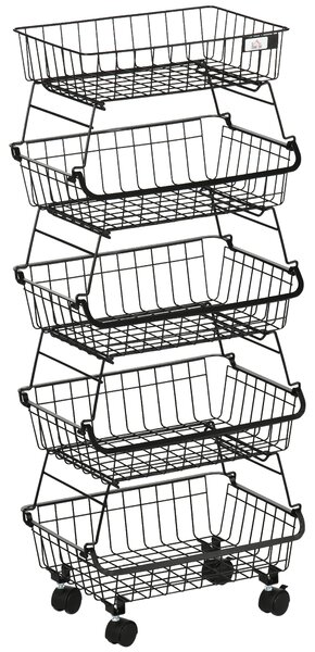 HOMCOM 5 Tier Storage Trolley, Stackable Fruit Vegetable Cart for Kitchen, Living Room, 40 x 2 x 97 cm, Black