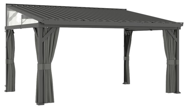 Outsunny 4.3 x 3 m Garden Pergola with Galvanised Steel Roof, Lean to Pergola Gazebo with Netting Curtains, Dark Grey