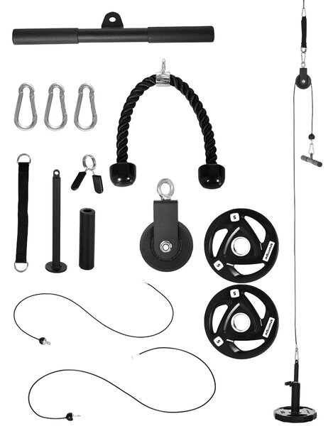 SPORTNOW Cable Machine Pulley System w/ 2 x 5kg Olympic Weight Plates, Lat Pull Down System w/ DIY Loading Weight for Home Gym Training