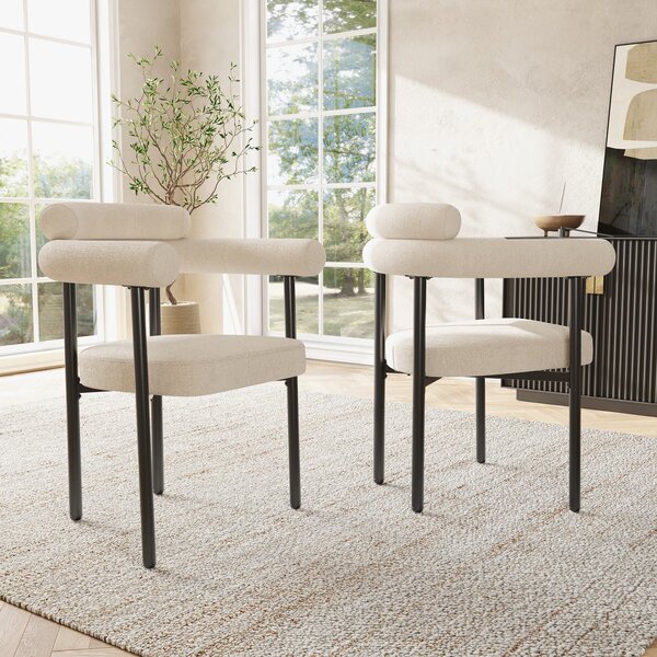 Modern Boucle Dining Chair with High-Density Sponge, Iron Tube Frame, Ergonomic Velvet Armchairs of 2 Sets, 70L x 62W x 85H cm, Beige Aosom UK