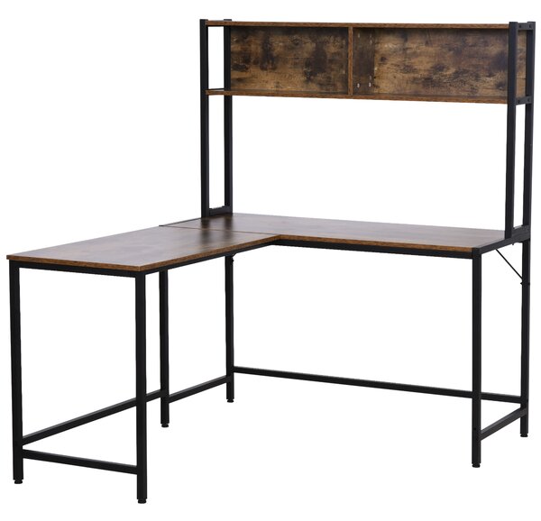 HOMCOM Industrial L-Shaped Work Desk & Storage Shelf Steel Frame Adjustable Feet Corner Workstation Home Office Study Stylish Brown Black Aosom UK