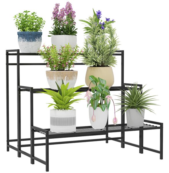 Outsunny 3-Tier Metal Plant Stand, Modern Ladder Shelf Flower Pot Holder for Indoor Outdoor, Display Shelf Rack for Garden Patio Balcony, Black
