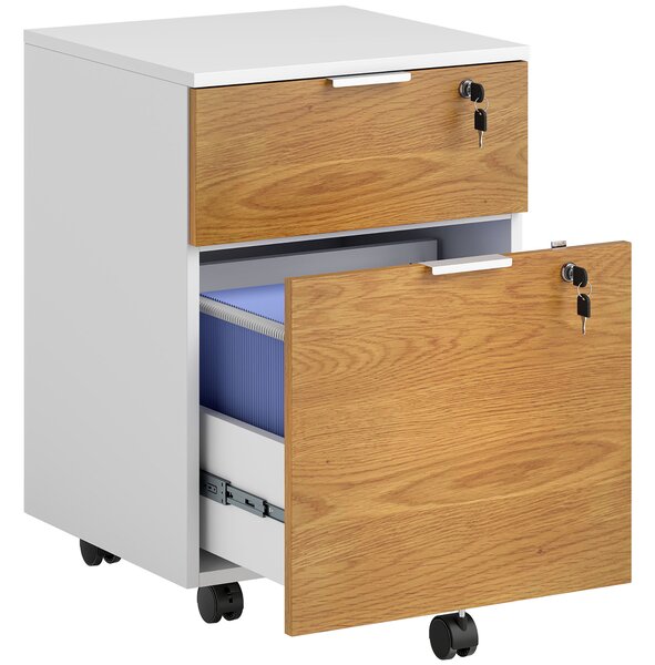 HOMCOM 2 Drawer Filing Cabinet w/ Lock & Wheels, Mobile File Cabinet w/ Adjustable Hanging Bars for A4 & Letter, Under Desk Office Cabinet Aosom UK