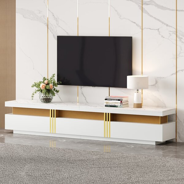 Luxury TV Stand with 3 Drawers and Faux Marble Top for 89-Inch TV, Entertainment Centre with Golden Panel Design, 200L x 40W x 42H cm, White Aosom.UK