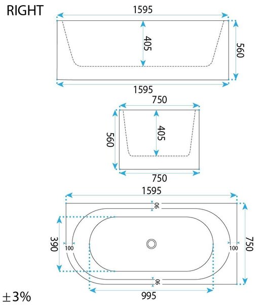 Bathtub Rea Orion Right 160cm