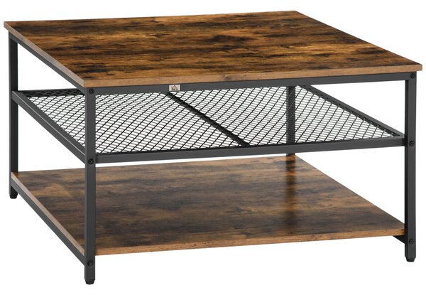 HOMCOM Industrial Coffee Table: Square Cocktail Table with 3-Tier Shelves, Rustic Brown for Living Room Aosom UK